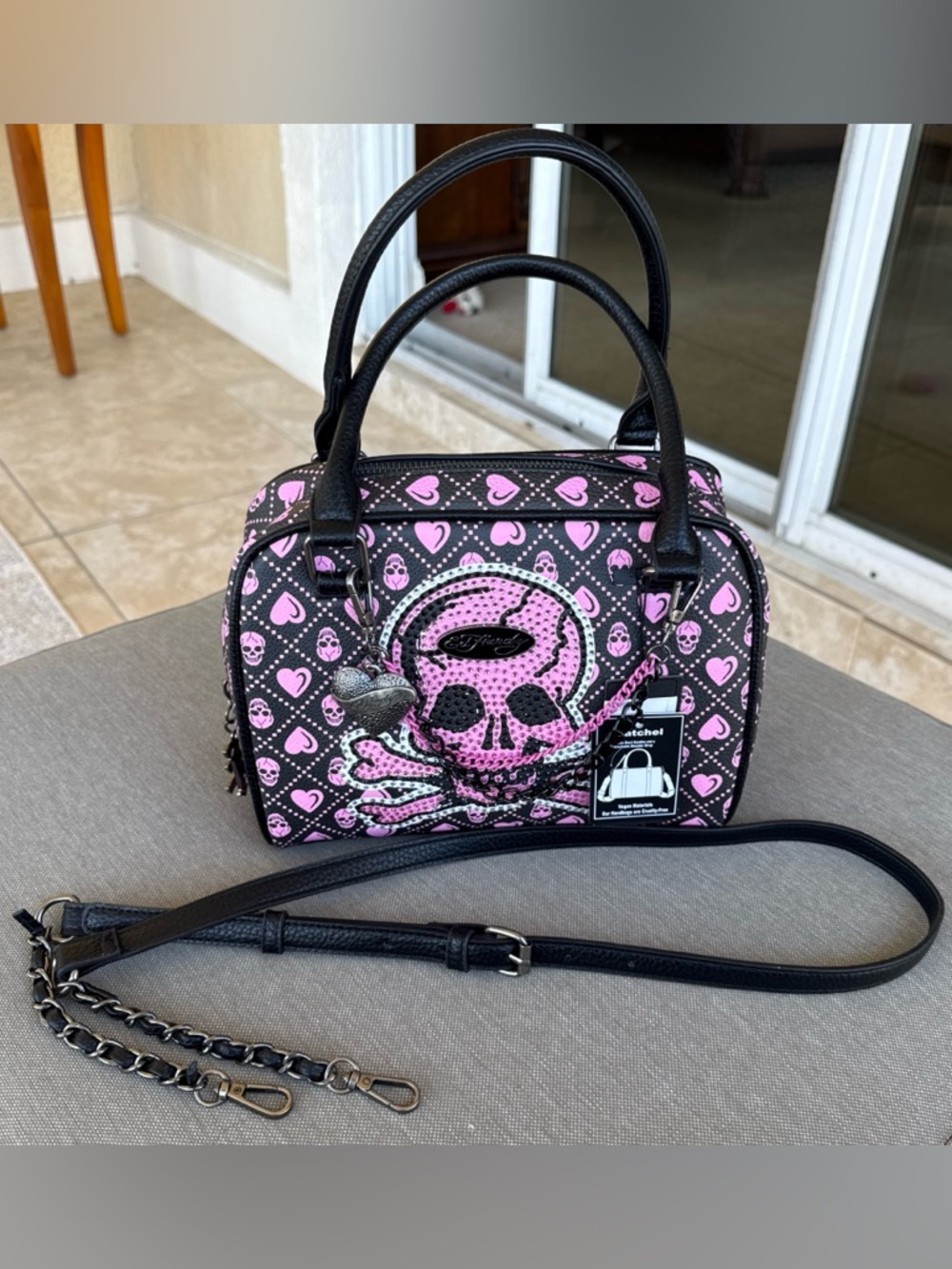 Ed Hardy Black & Pink Skull Satchel/ Crossbody Bag